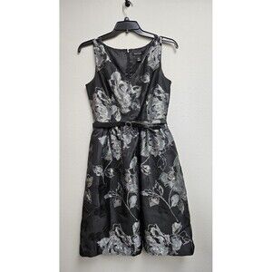 White House Black Market Dress Womens 10 Black Floral Jacquard Belted Fit Flare